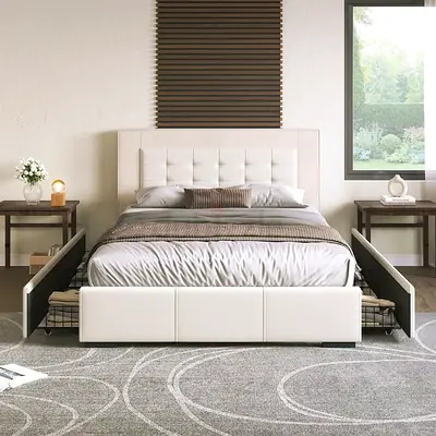 Light beige leather fabric tufted headboard king drawers bed