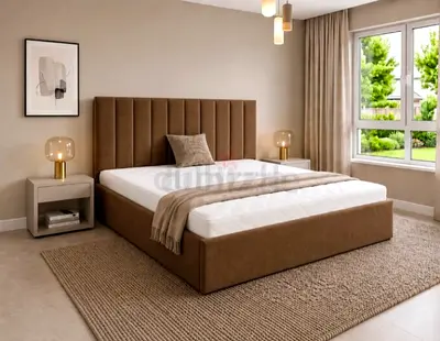 King Size Bed with madical mattress Tall Paneled Headboard - Brown
