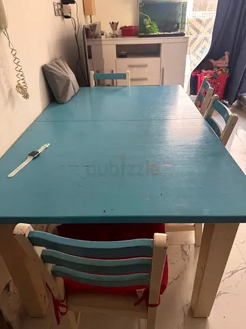 Blue and White Wooden Dining Table with Chairs