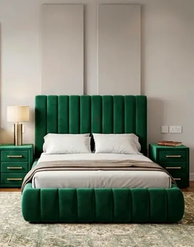 Green Velvet Upholstered Bed with Matching Nightstands (Queen)