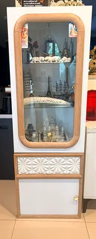 White display cabinet and sideboard set with red wall cabinets - good condition
