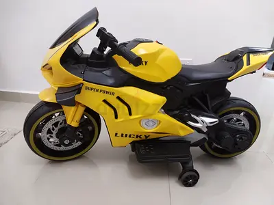 Yellow Ride-On Electric Kids Motorcycle with Training Wheels - Lucky Super Power