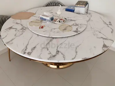 Round Marble-Effect Dining Table with Lazy Susan, Gold Base. Center is with rotation.