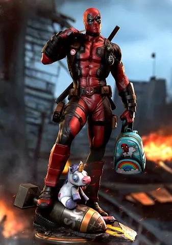 Deadpool collectible statue with unicorn and backpack base