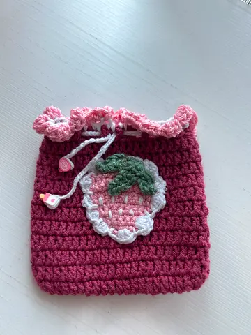 Handmade Crocheted Pink Drawstring Pouch with Strawberry Appliqué