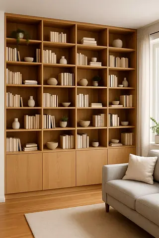 Large Light Wood Library Bookcase with Storage Cabinets