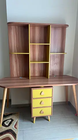 Wooden Study Desk with Shelves and 3 Drawers — Light Walnut Yellow