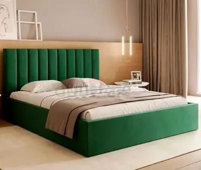 New King size green velvet platform bed with padded headboard