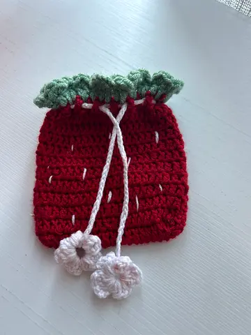 Handmade Crocheted Strawberry Drawstring Pouch