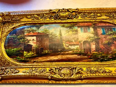 Framed Vintage Oil Painting of Mediterranean Village in Ornate Gold Frame