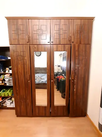 Large Wooden 4-Door Wardrobe with Mirrors - Good Condition