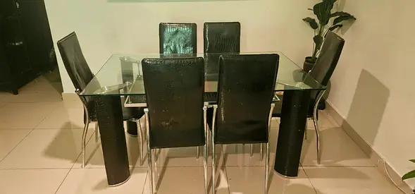Glass Top Dining Table with 6 Black Leather Chairs
