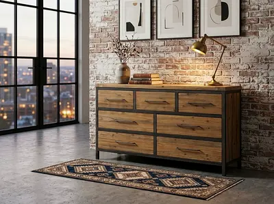 Solid Wood 7-Drawer Dresser with Industrial Metal Frame - Good Condition