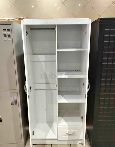 White Two Door Wardrobe with Shelves and Drawer