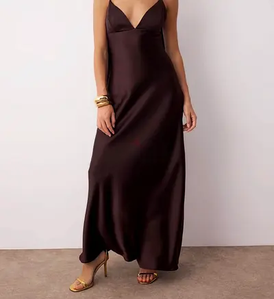 Elegant Brown Satin Silk Maxi Dress