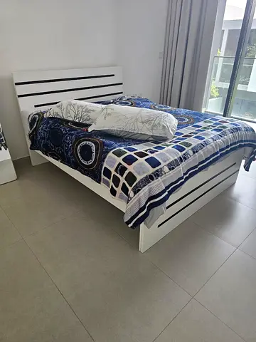 White Wooden Double Bed Frame with Headboard - Good Condition