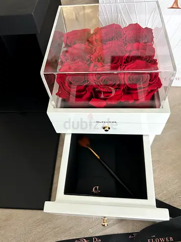 Preserved Red Roses in Acrylic Display Box with Storage Drawer