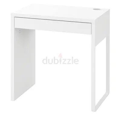 Compact white study desk with cable hole, drawer and chair