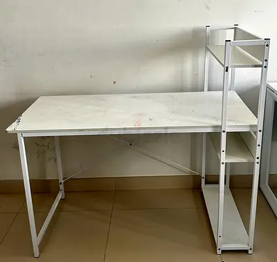 White Study Desk with Built-in Open Shelves — Good for Home Office