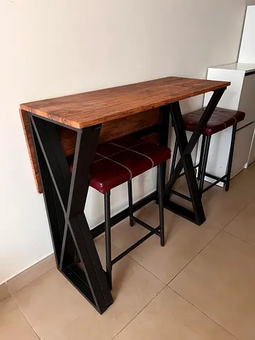 Wooden Bar Table with Metal X-Frame and 2 Stools - Compact Pub Table
