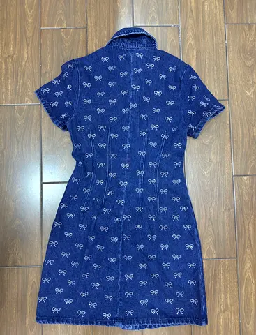 Self Portrait Navy Short-Sleeve Denim Dress with Bow Print - Size S/M