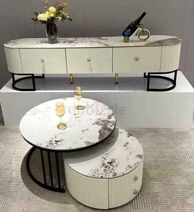 Modern Marble-Top Sideboard with Nesting Coffee Tables - White  Black