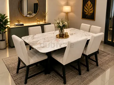 Marble-top 6-Seater Dining Table with Upholstered Chairs