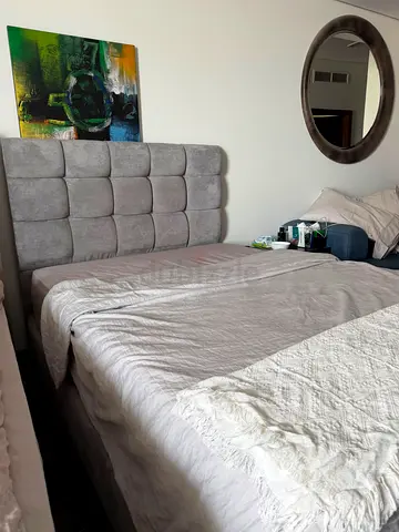 Light grey upholstered 140 x 200 size bed headboard with premium mattress for free