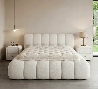 Modern upholstered queen bed with matching bedside tables - cream boucle