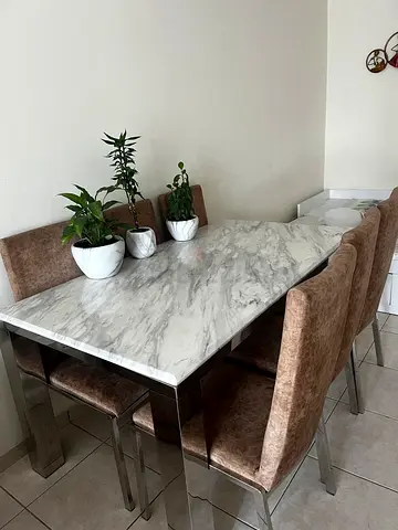 Marble-top Dining Table with 6 Upholstered Chairs - Good Condition