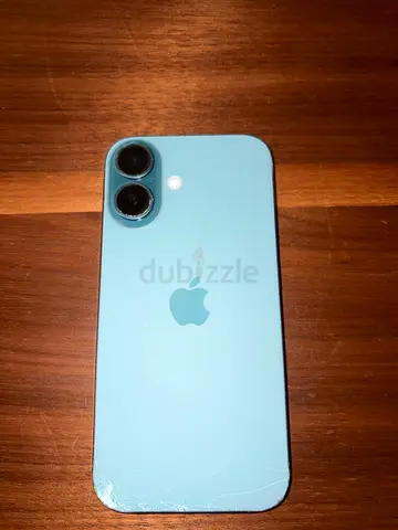 iPhone 16 style (light blue) with cracked back - 2 cameras and damaged screen with box and charger