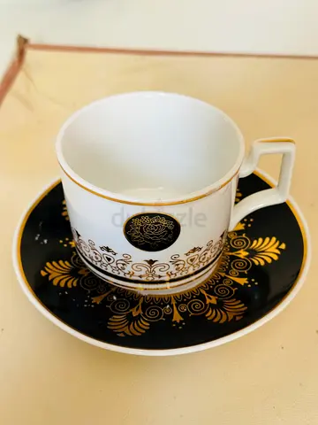 Set of porcelain tea cup and saucer - elegant black gold design