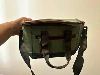 Small insulated lunch cooler bag - green, zipper top, carry handles