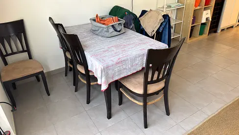 Wooden 6 Seater Dining Table with Cushioned Chairs - Good Condition