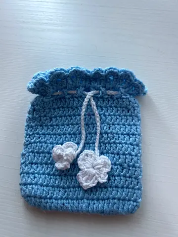 Handmade Crocheted Blue Pouch with Floral Details