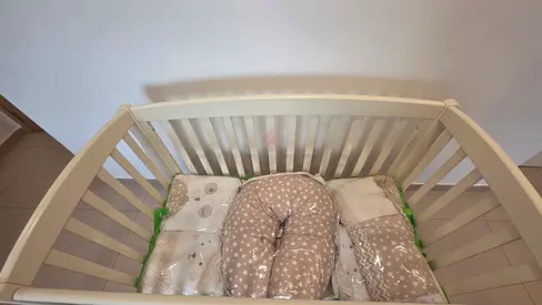 Beige Colour Veres Baby Crib with Mattress and Bedding Set - Good Condition