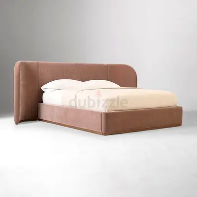 Modern upholstered queen bed with curved headboard - dusty pink
