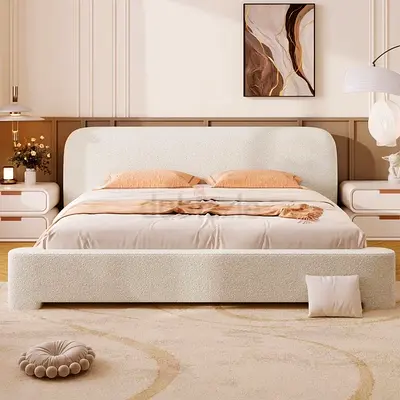 Modern Bouclé King Bed with Upholstered Headboard and Footboard