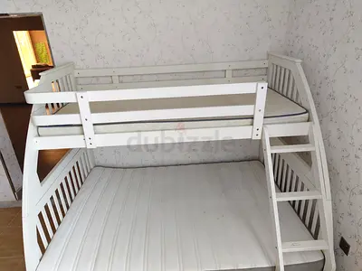 White Wooden Bunk Bed with Ladder - Double on Bottom, Single on Top