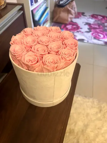 Box of preserved pink roses in round hatbox