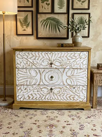 Hand-carved Wooden Chest of Drawers with Whitewash Floral Design