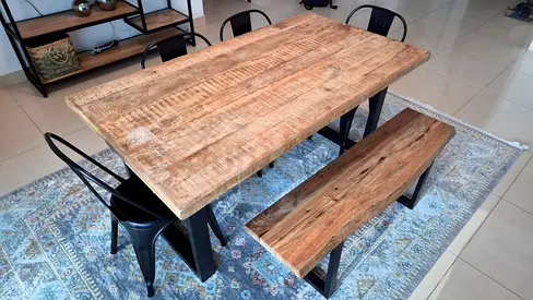 Solid Wood Dining Table with Metal Legs + Bench - Rustic Industrial