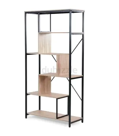Open wooden shelving unit with black metal frame - 5-tier display shelf