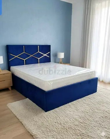 Blue Velvet King Bed Frame with Geometric Headboard
