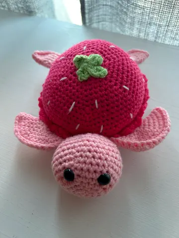 Handmade Crochet Turtle Plush — Pink Strawberry Shell, Good Condition