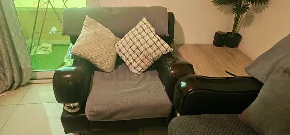3-2-1-1  brown leather armchair with removable covers and cushions , solid wood and steel