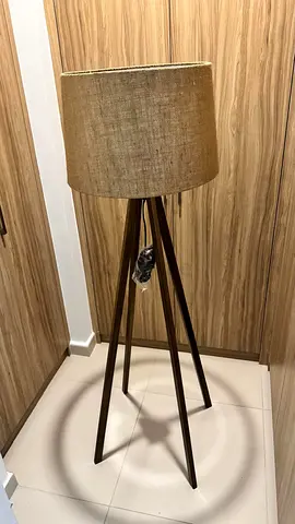 Wooden Tripod Floor Lamp with Burlap Shade - Good Condition