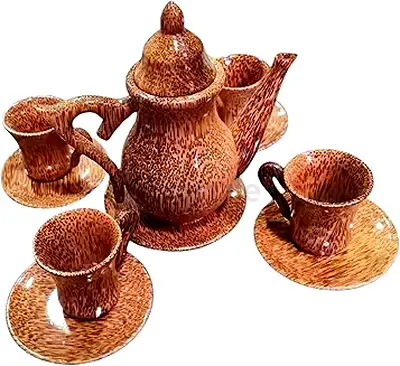 Handcrafted Coconut Wood Tea/Coffee Set - 6 Pieces- 12D x 12W x 18H centimeters
