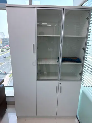 White Office Storage Cabinet with Glass Doors - Good Condition