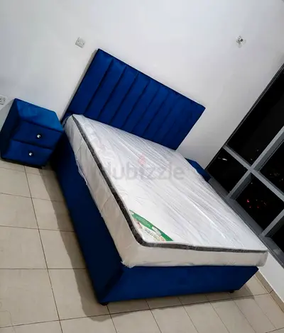 Blue Velvet Double Bed with Mattress and Matching Nightstand